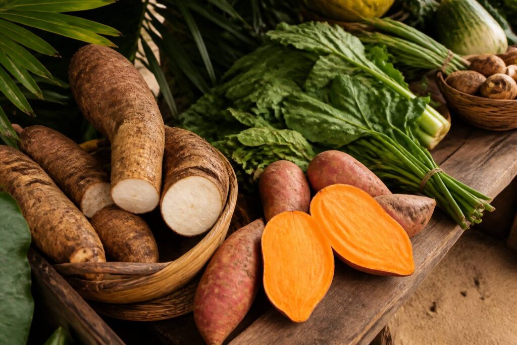 Igname et patates douces sur un étal de marché