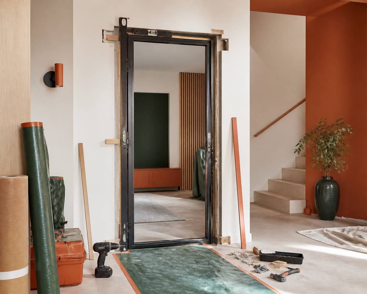 Chantier d'installation de porte blindée avec niveau et perceuse