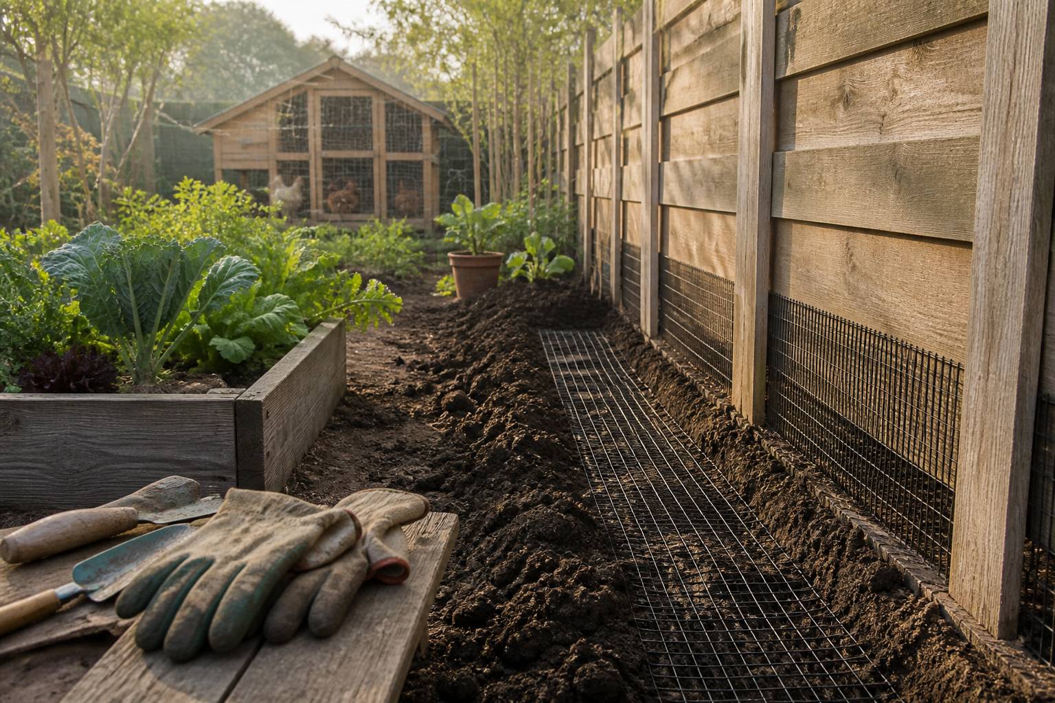 Jardin clôturé avec poulailler protégé au matin