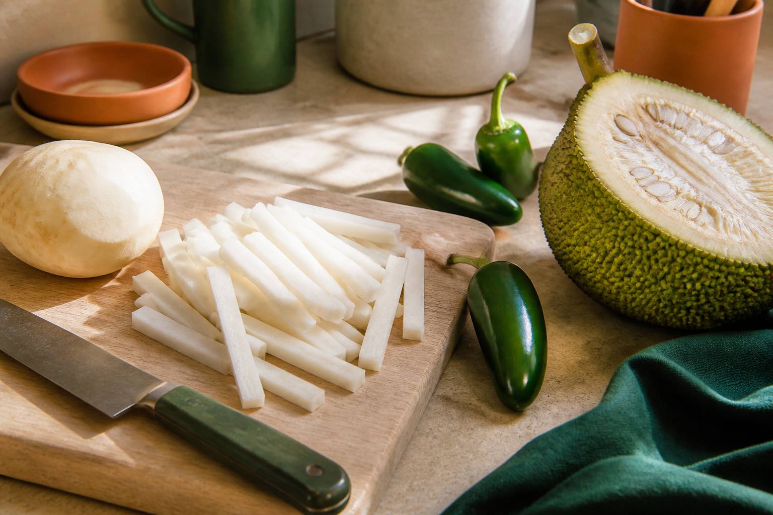 Jicama épluché en bâtonnets avec jacque et jalapeños