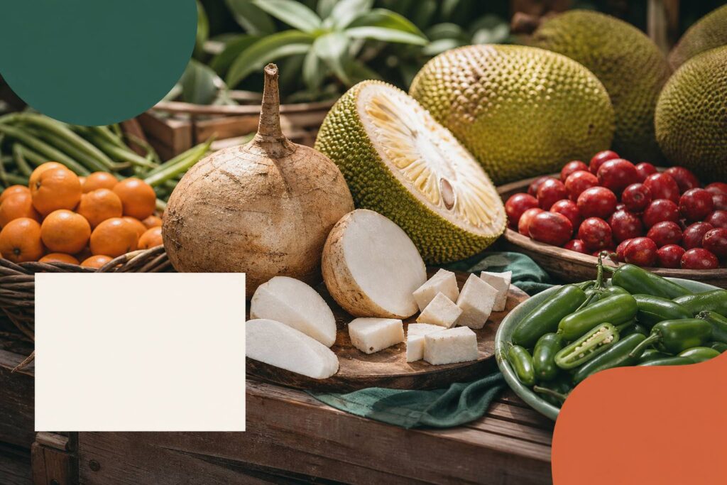 Étal de marché avec jicama, jeune jacque et jalapeños