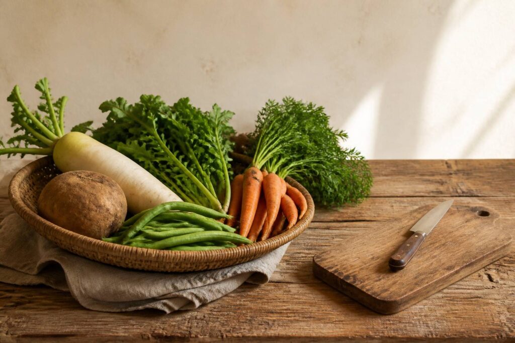 Corbeille de légumes en D avec daikon et haricots