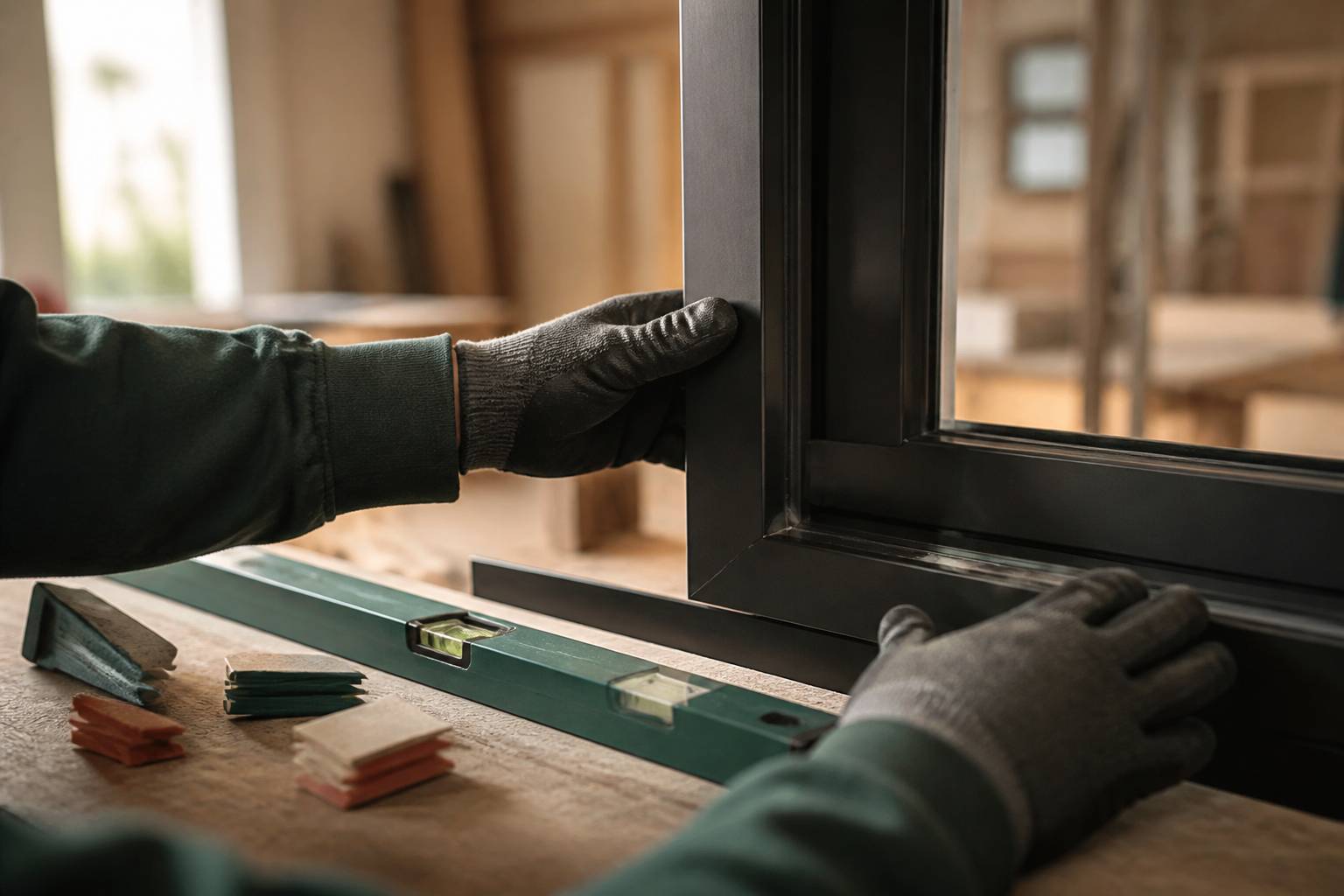 Mains gantées ajustant une menuiserie extérieure en aluminium sur son dormant