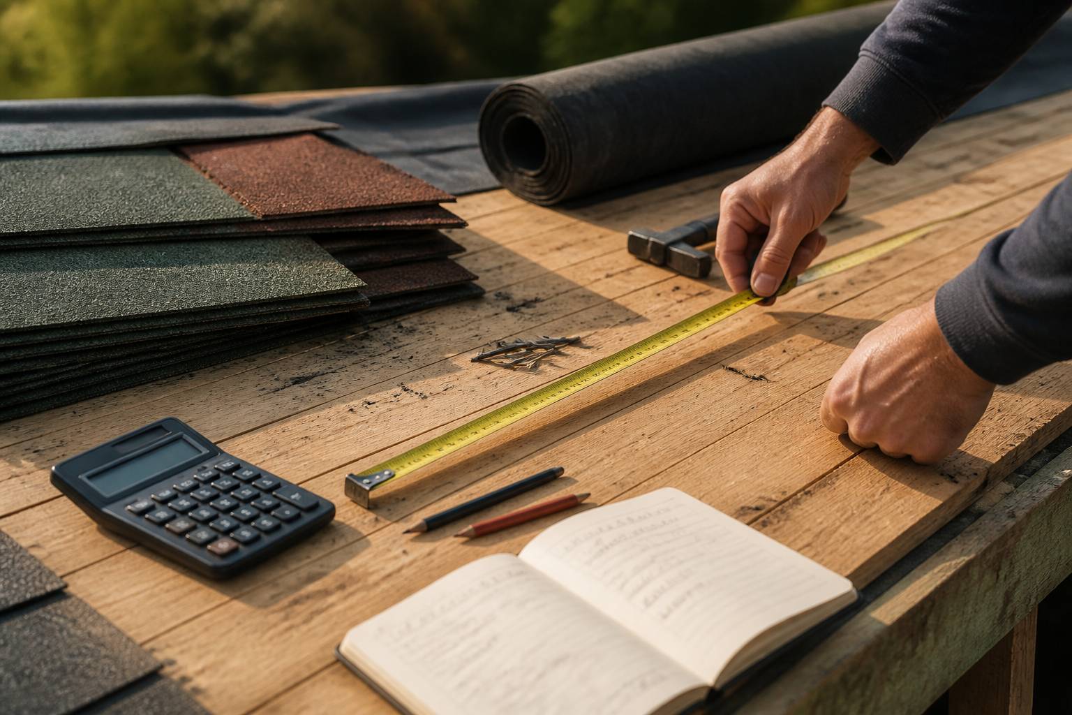 Mains mesurant une surface de toit avec un mètre ruban