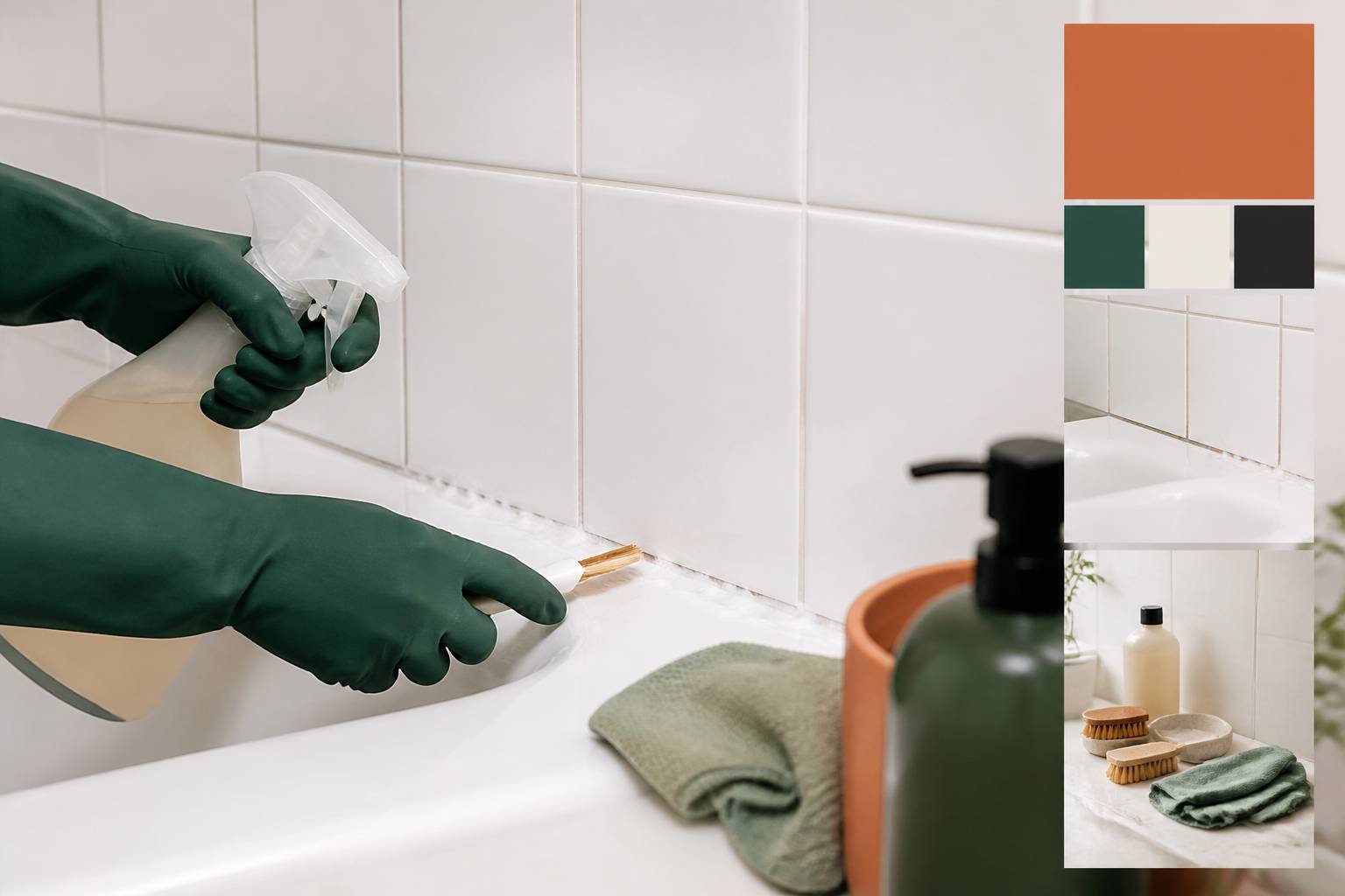 Mains gantées nettoyant les joints noircis d'une salle de bain