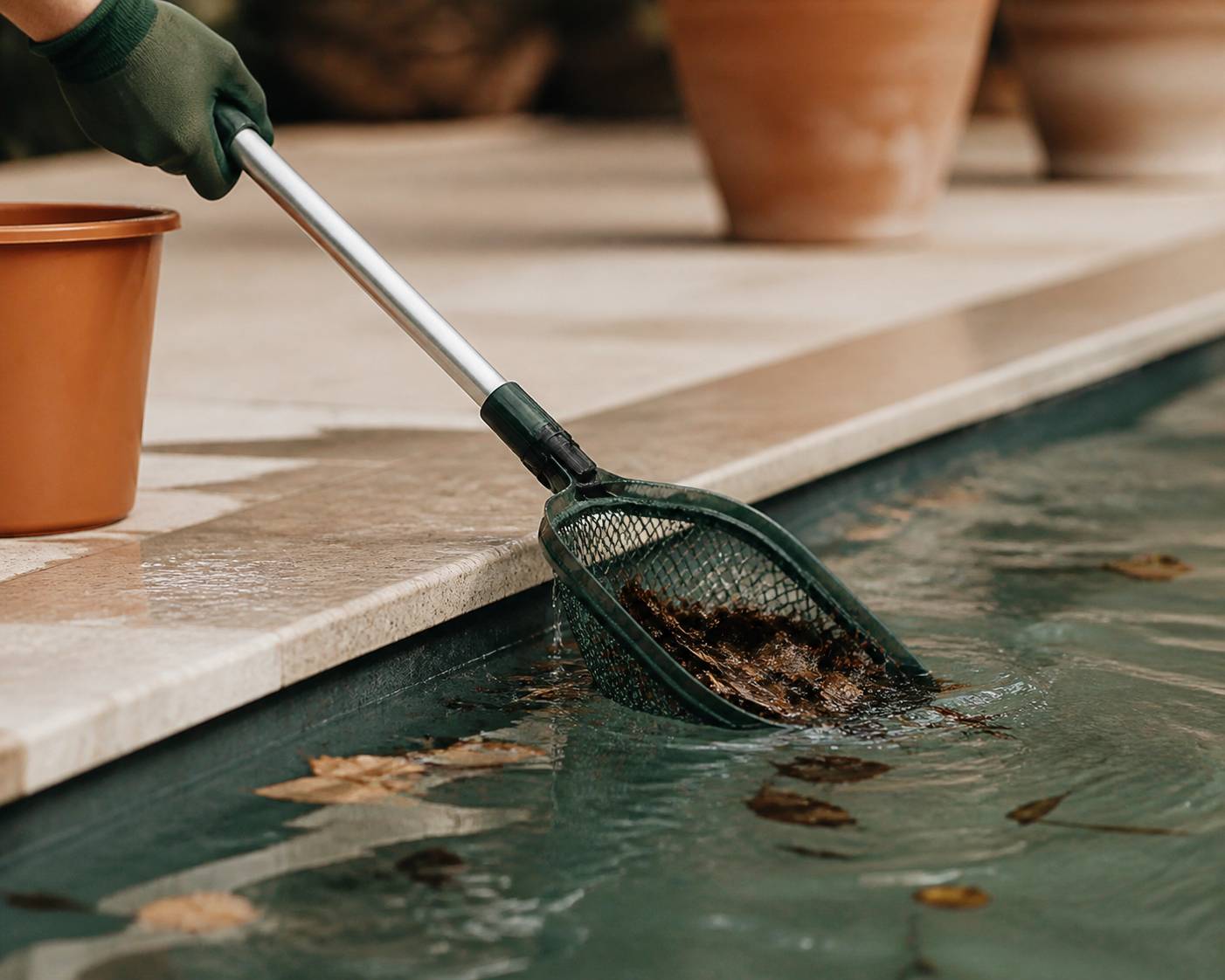 Épuisette retirant des débris dans une piscine à l'eau trouble