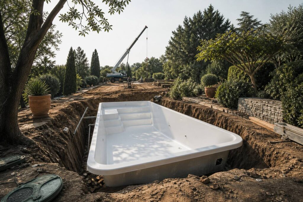 Piscine coque blanche posée dans une excavation de jardin avec grue
