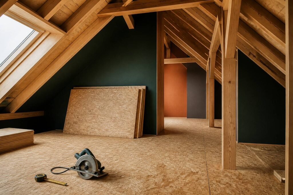 Panneaux OSB posés sur un plancher de combles en chantier