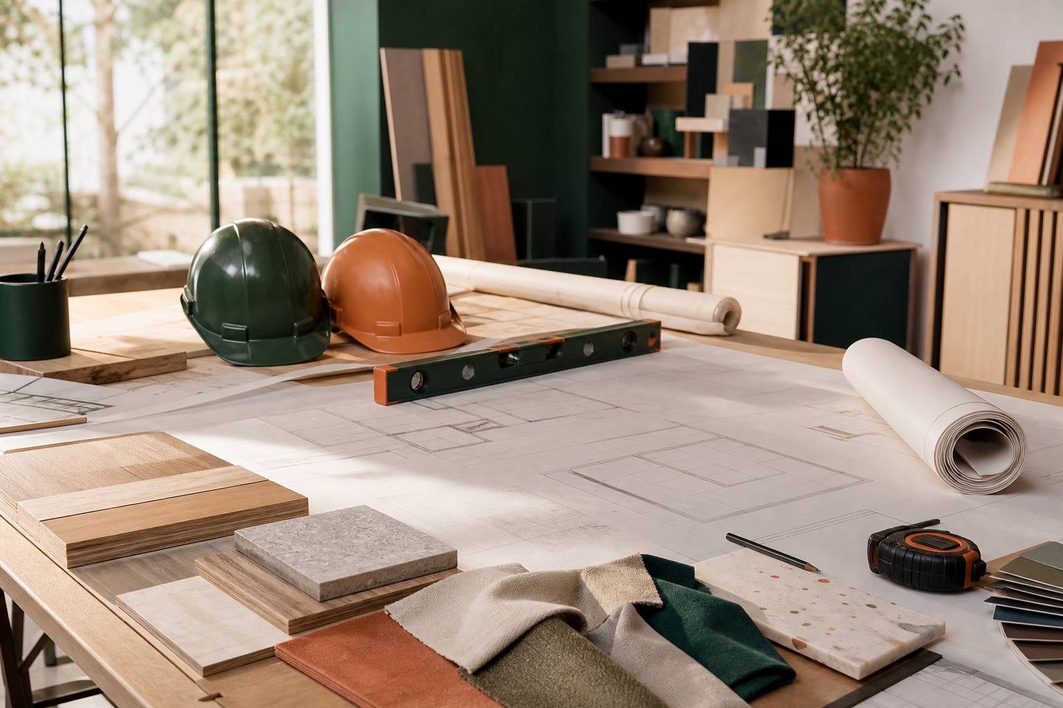Plans de chantier et casques sur un projet de construction