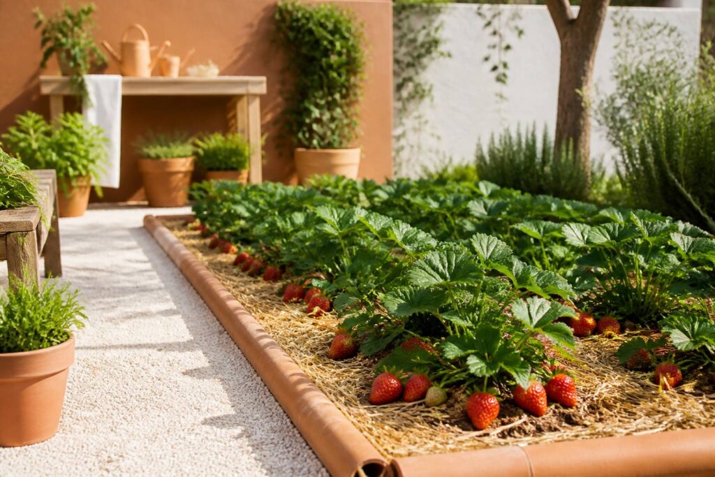 Carré de fraisiers avec fraises rouges mûres et paillage de paille dans un potager