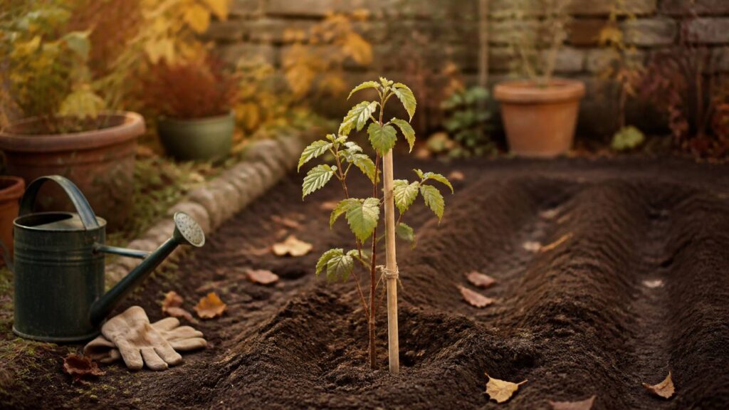 Jeune framboisier planté en pleine terre avec tuteur dans un potager