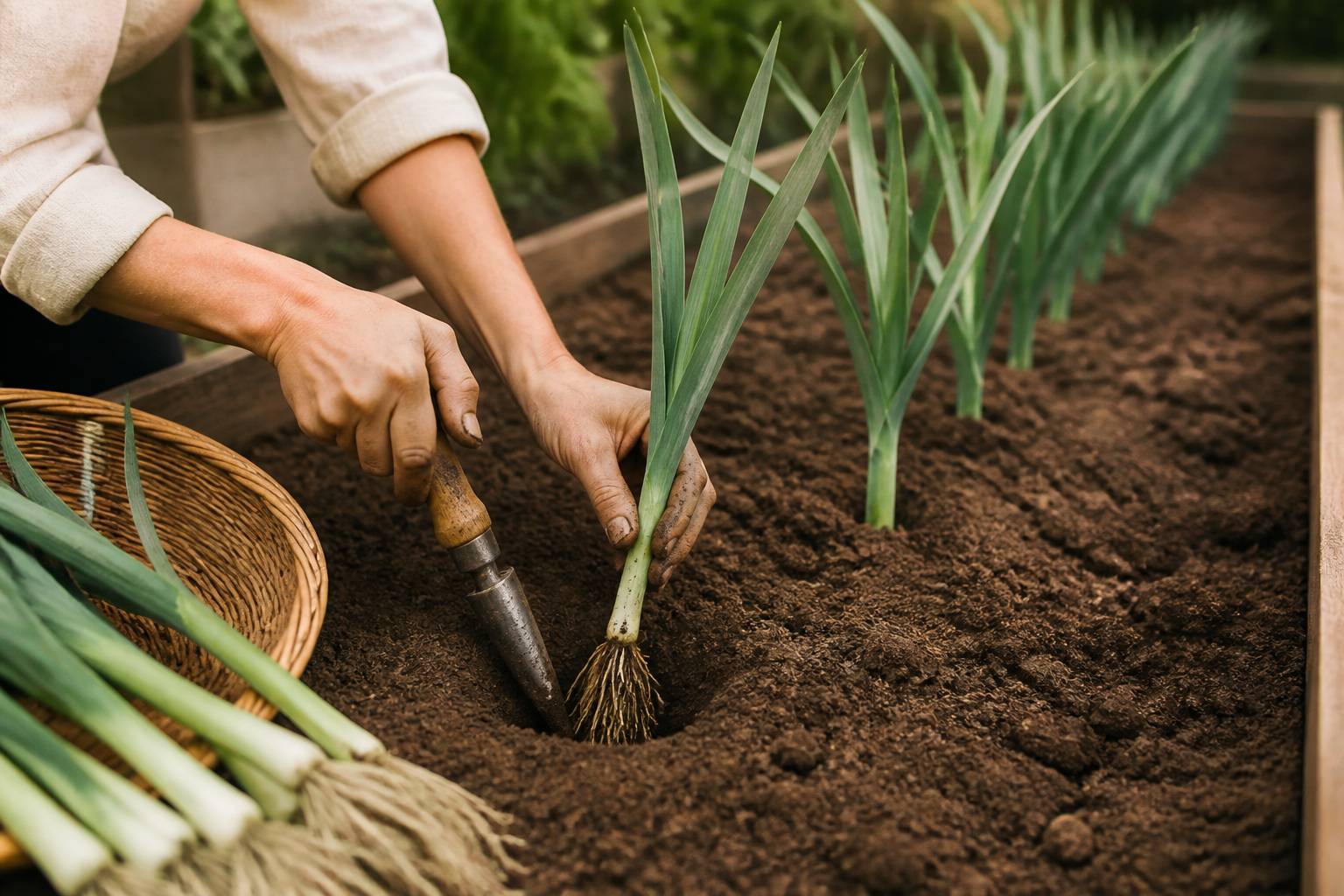 Mains plantant un poireau dans un trou fait au plantoir