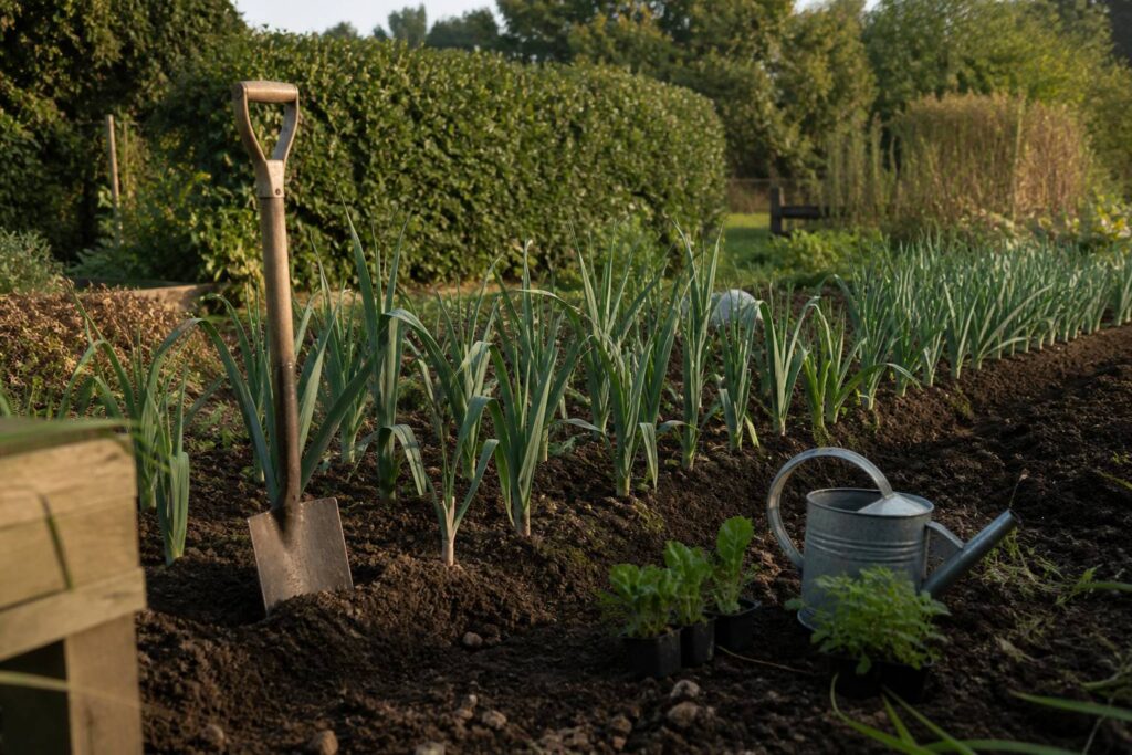 Potager avec des rangées de poireaux alignées et une bêche
