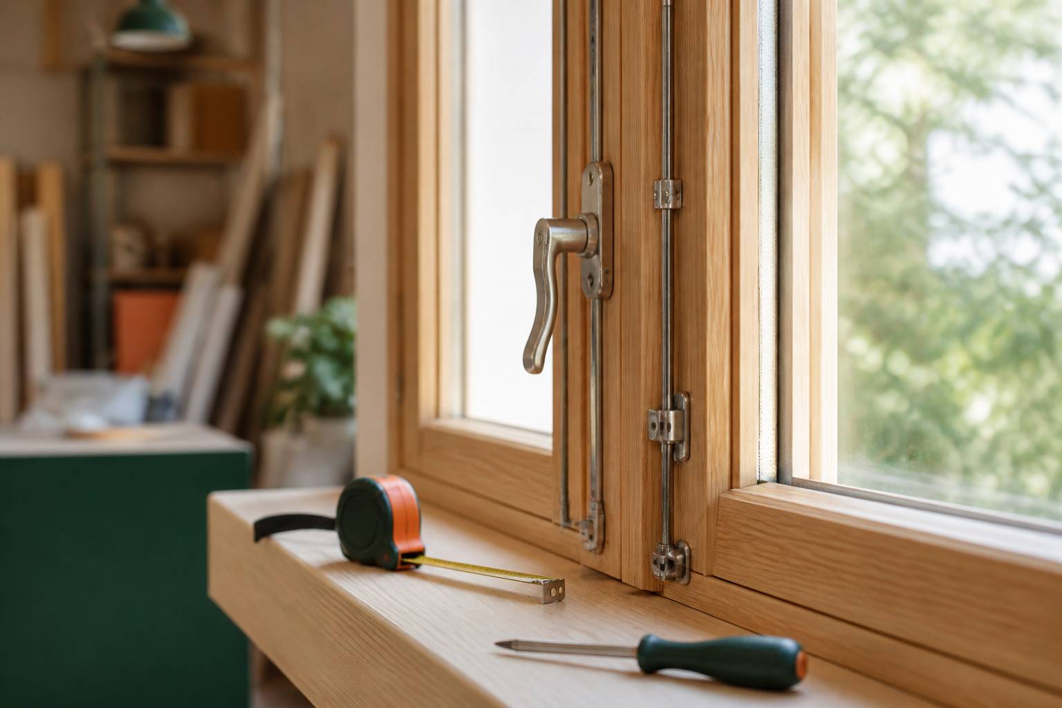 Poignée de crémone et tringles métalliques sur une fenêtre en bois d'atelier