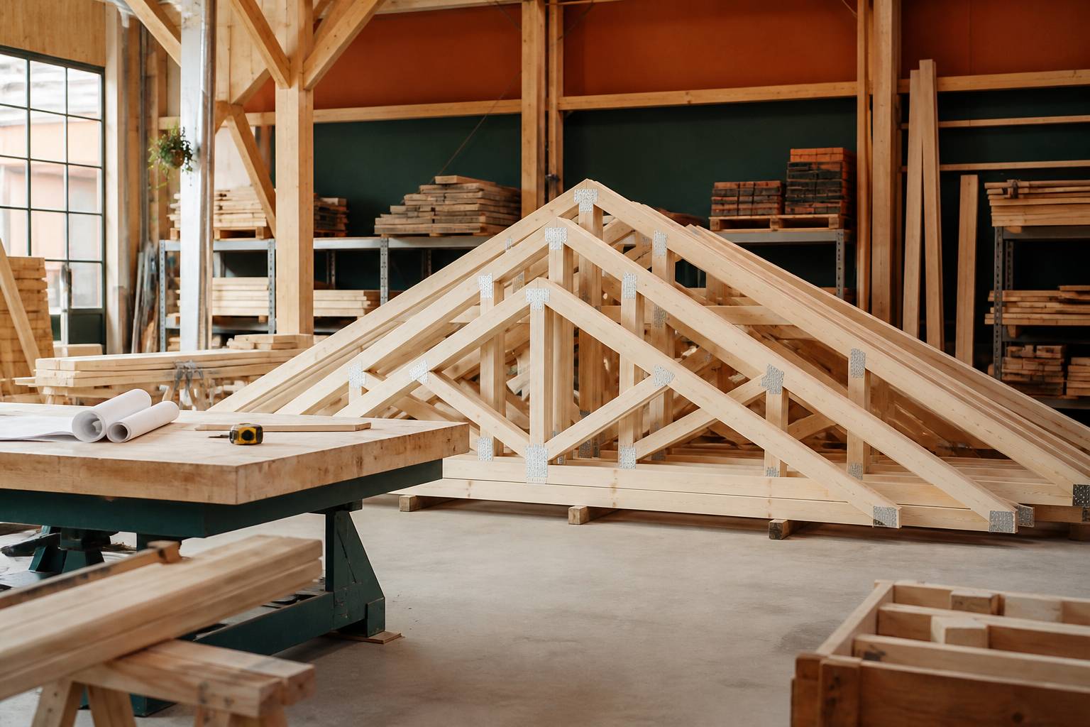 Fermettes en bois empilées avec banc de coupe dans un atelier