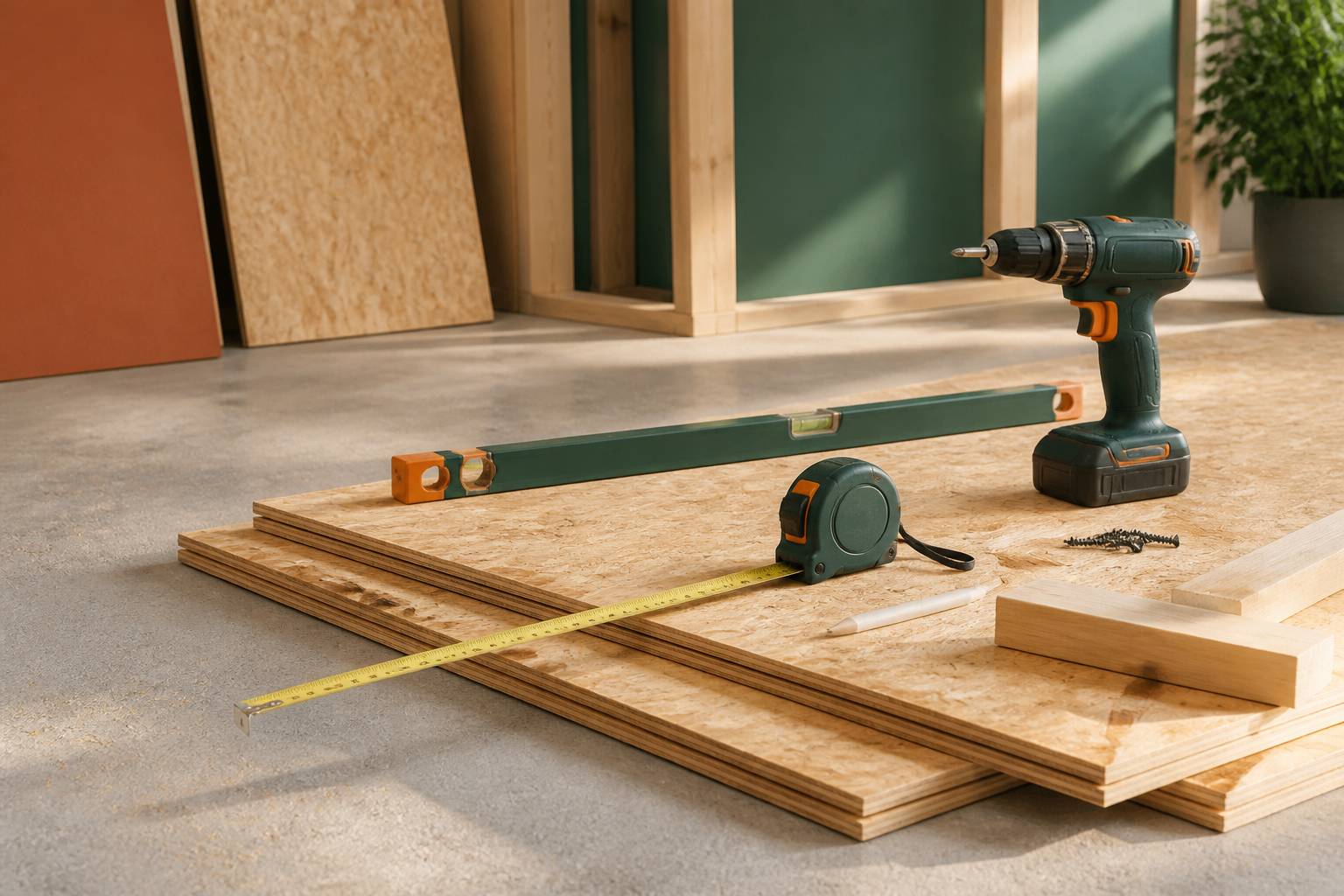 Outils de pose sur panneaux OSB avec mètre et niveau