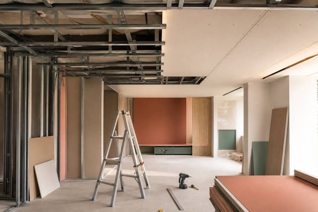 Chantier de plafond suspendu avec ossature métallique et plaques de plâtre