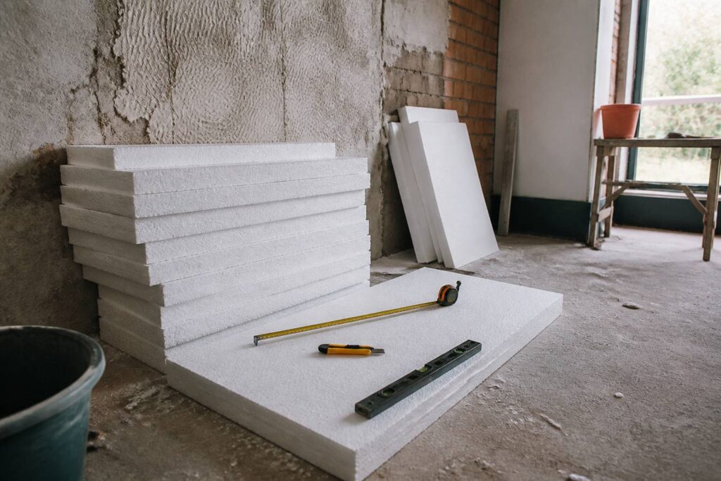Panneaux de polystyrène expansé blancs sur un chantier d'isolation