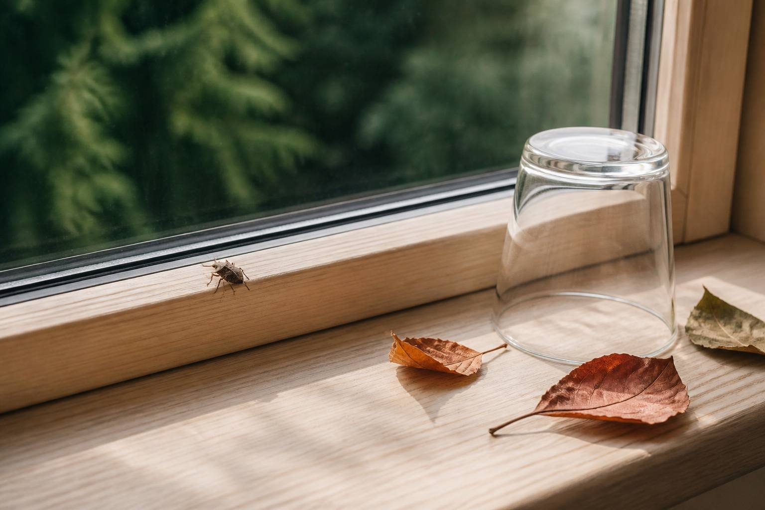Punaise marron vue de dessus près d'un verre sur un rebord