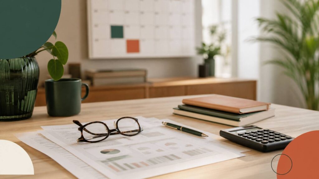 Table avec documents de retraite, calculatrice et lunettes