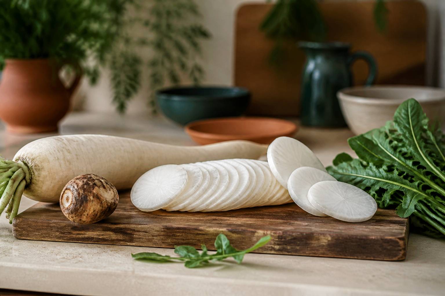Rondelles de daikon coupées sur une planche en bois