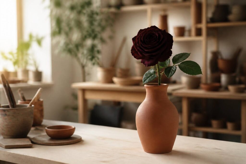 Rose rouge très foncé presque noire dans un vase en céramique terracotta