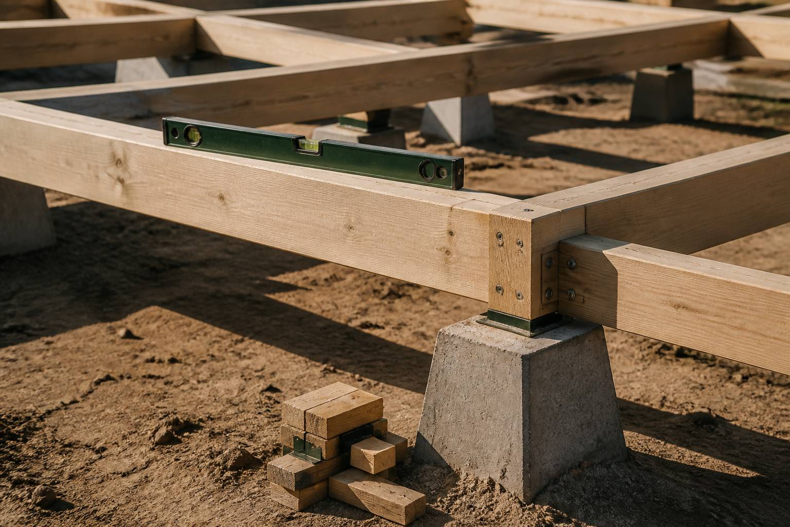 Structure de pilotis en bois sur plots en béton