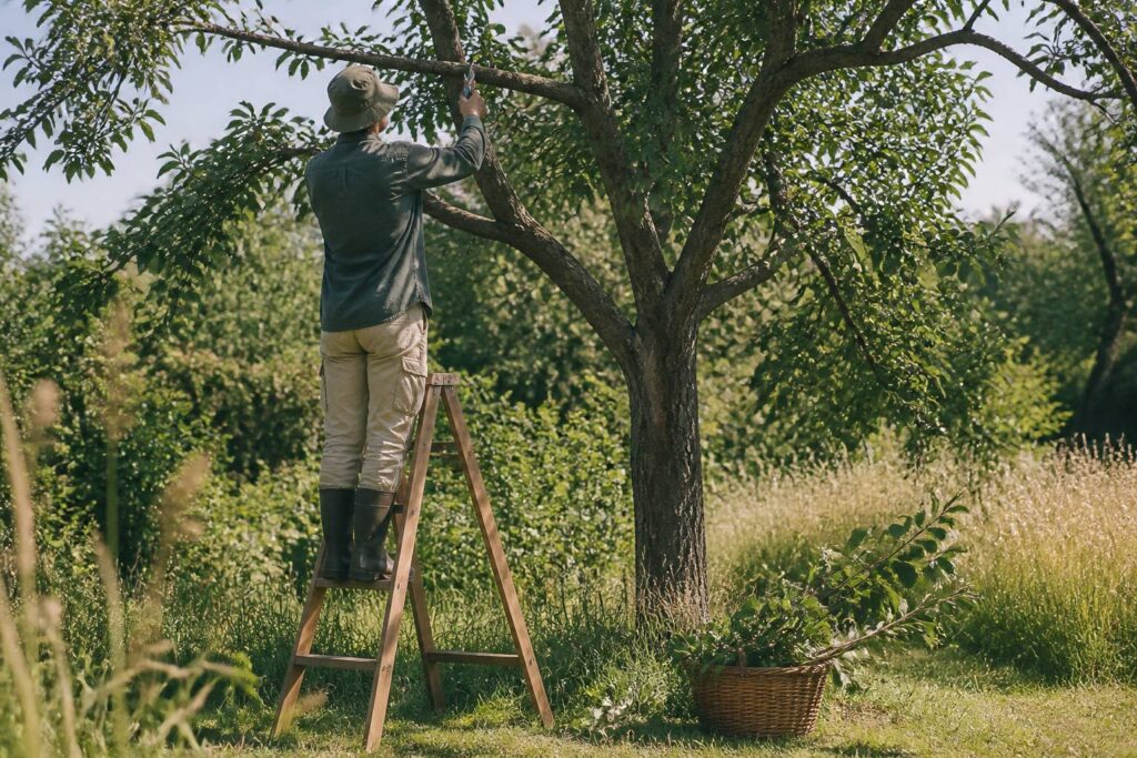 Jardinier taillant un cerisier dans un verger ensoleillé