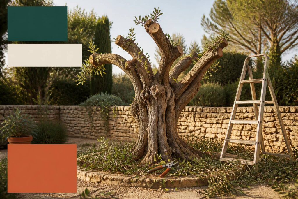 Olivier centenaire taillé dans un jardin provençal avec de jeunes pousses