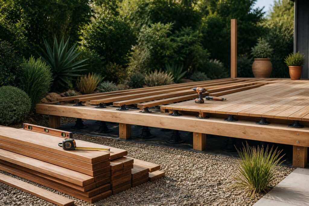 Terrasse en bois sur pilotis en cours de construction