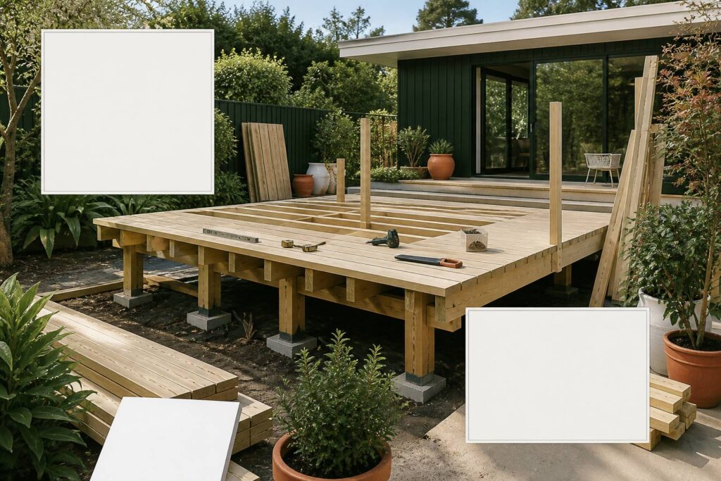 Terrasse sur pilotis en bois en cours de construction