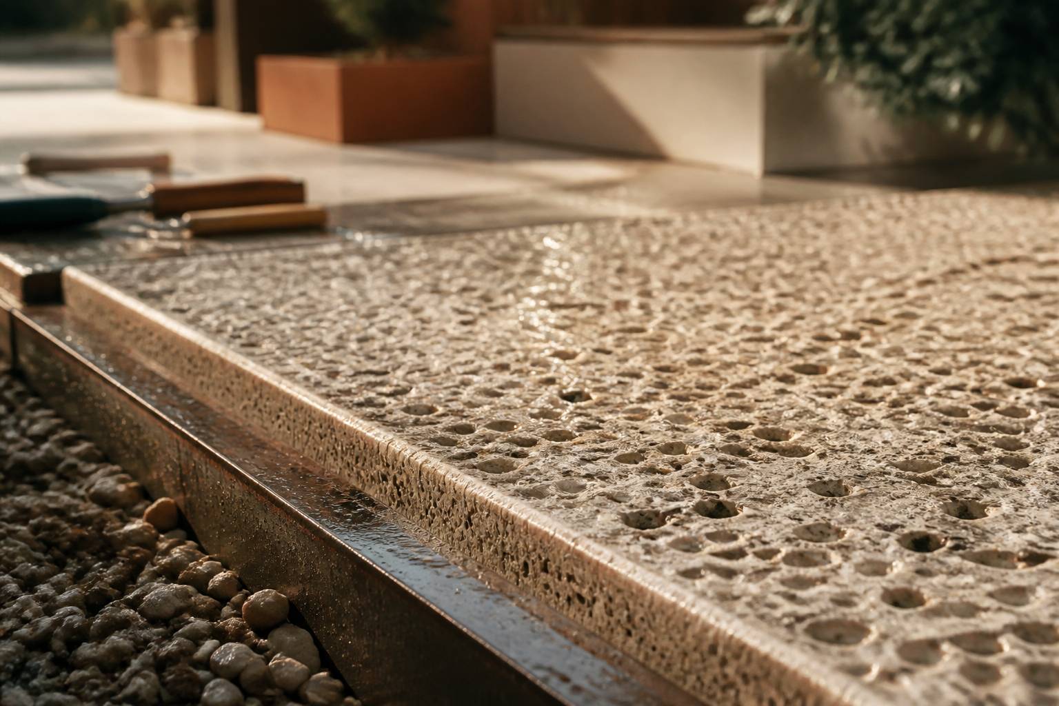 Texture rapprochée d'un béton drainant montrant ses pores et graviers