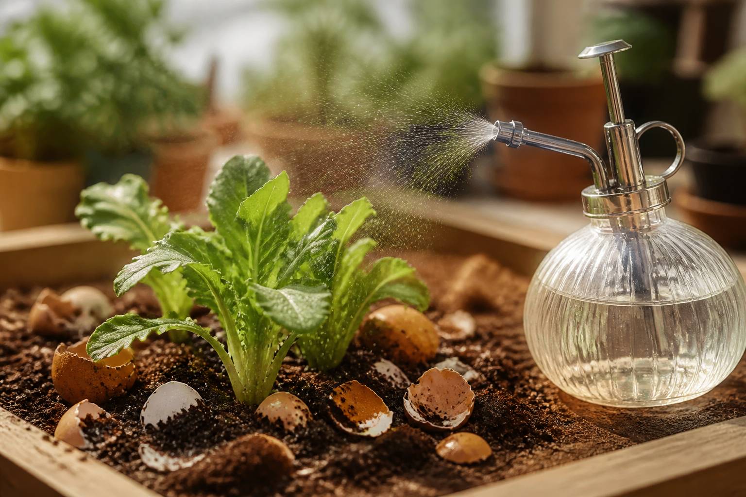 Vaporisateur sans étiquette sur des plants de salade
