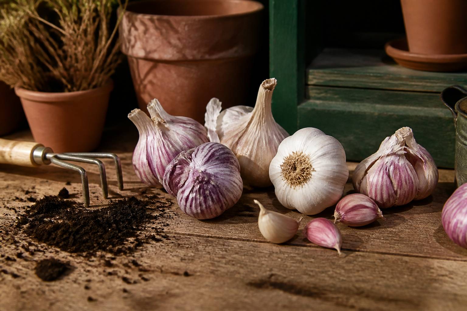 Têtes d'ail blanc violet et rose sur table en bois