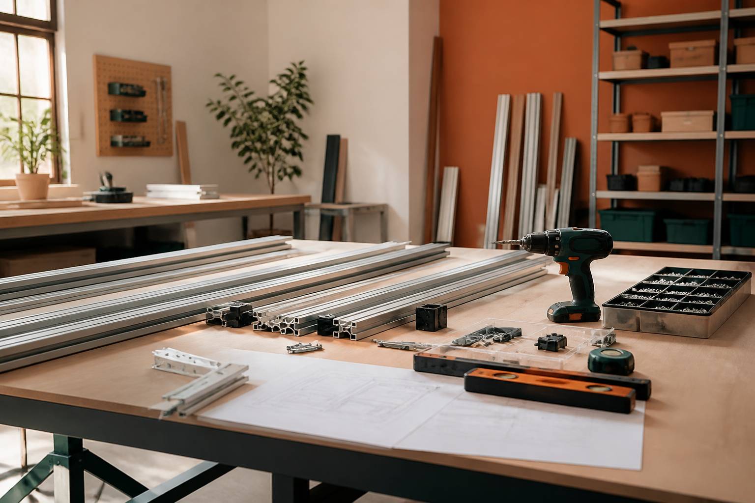 Éléments de structure de véranda en aluminium, plans de montage et outillage sur un chantier
