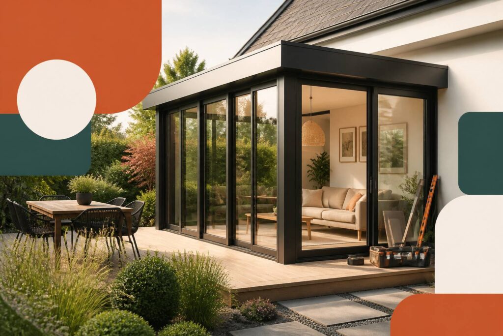 Véranda en kit moderne installée contre une maison, avec baies vitrées et jardin soigné