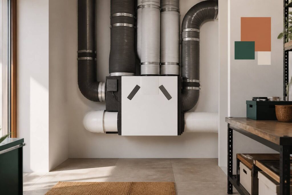 Unité de VMC double flux installée dans un local technique avec ses gaines