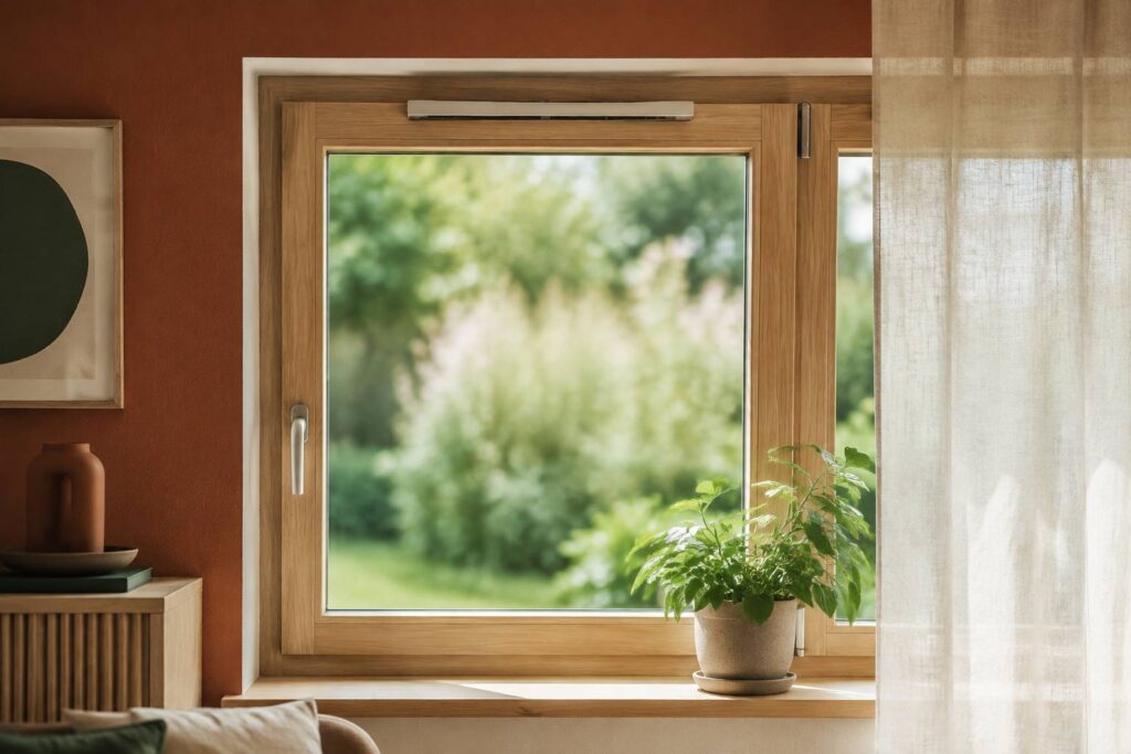 Aérateur de fenêtre installé sur une menuiserie en bois dans une pièce lumineuse avec plante verte