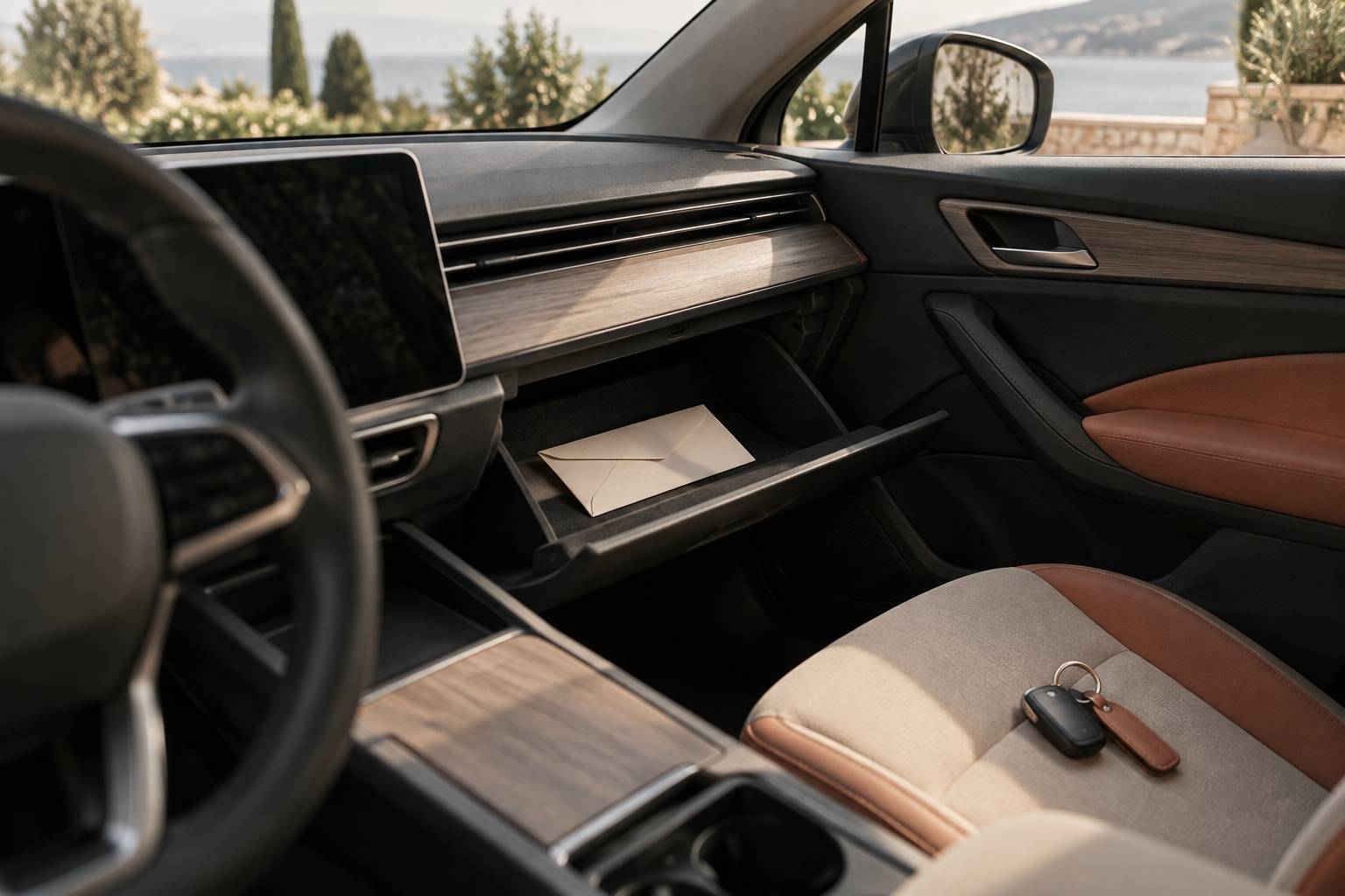 Interieur de voiture generique avec boite a gants ouverte et enveloppe