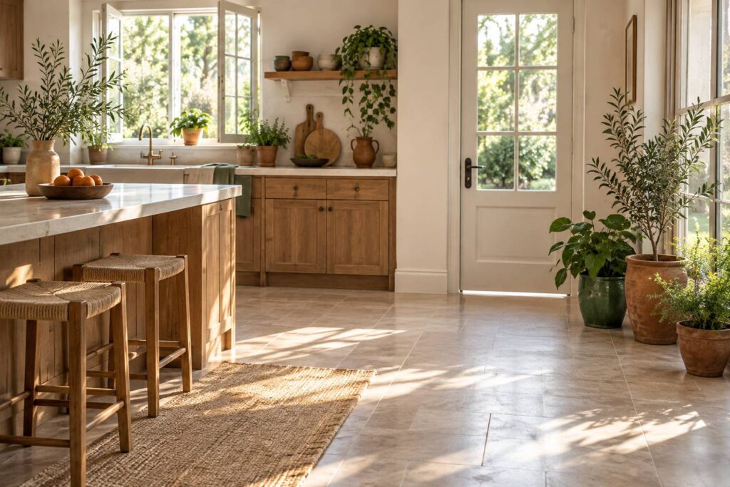 Cuisine lumineuse avec plante en pot et jour sous la porte vers le jardin