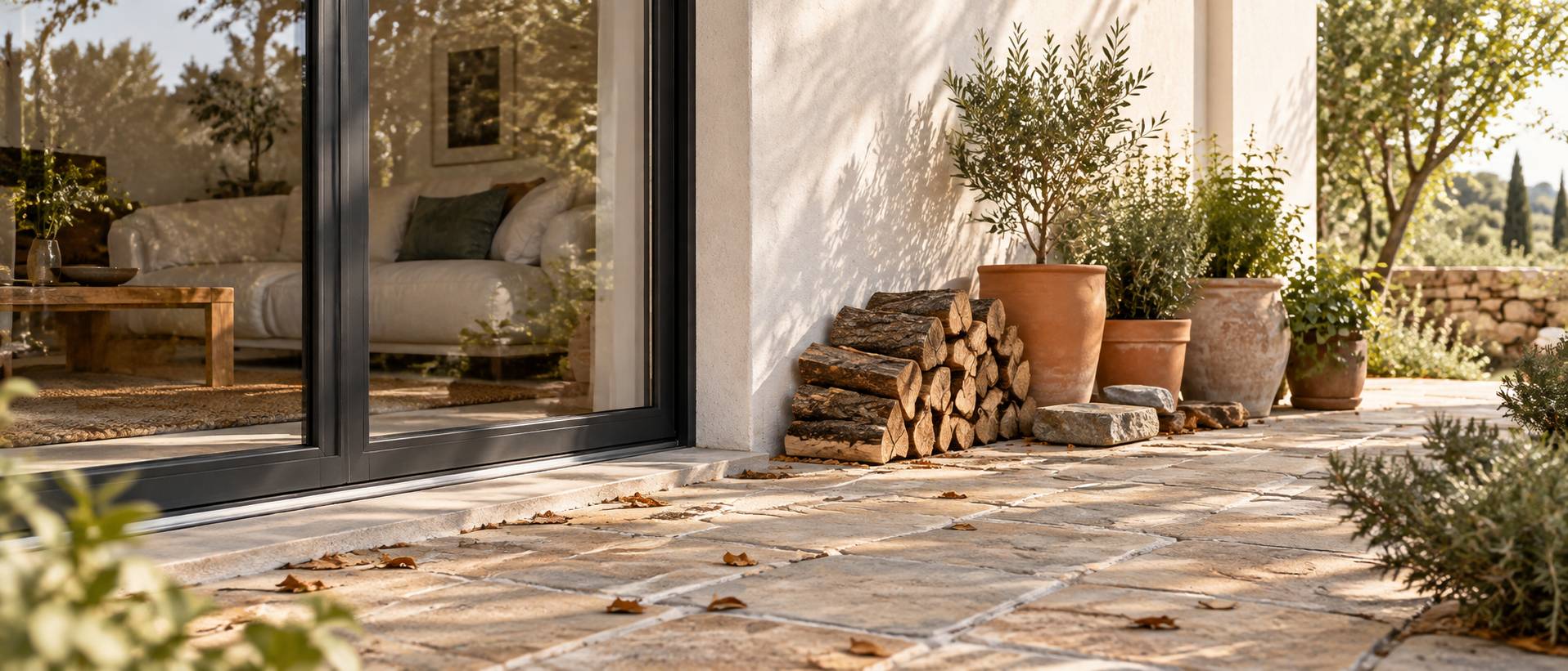 Terrasse au pied d'une porte vitree avec tas de bois et pots de fleurs