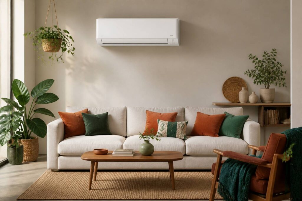Climatiseur split blanc mural dans un salon contemporain clair