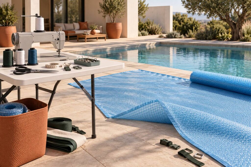 Bâche à bulle de piscine étendue dans un atelier avant couture
