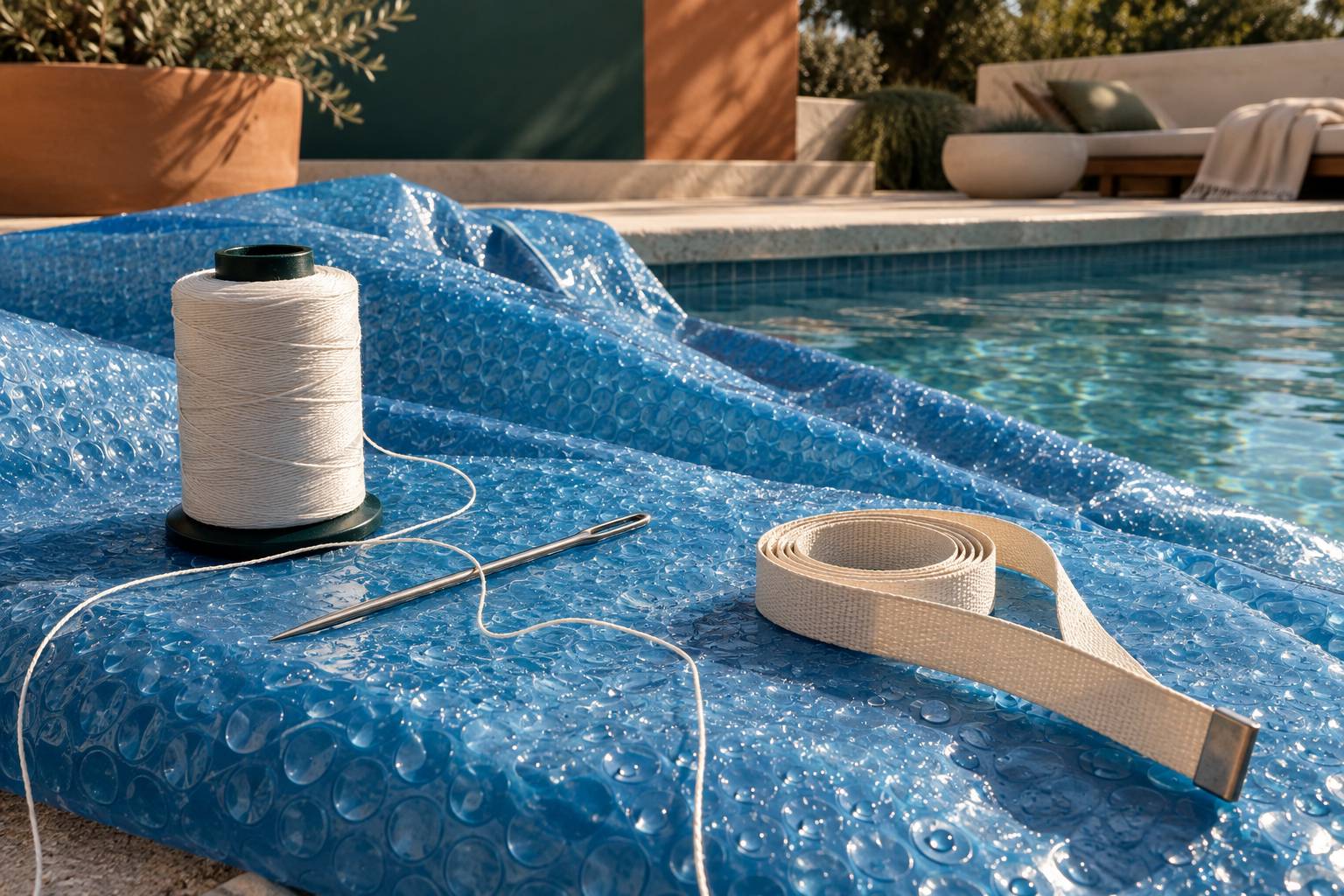 Aiguille épaisse et fil polyester posés sur une bâche à bulle de piscine