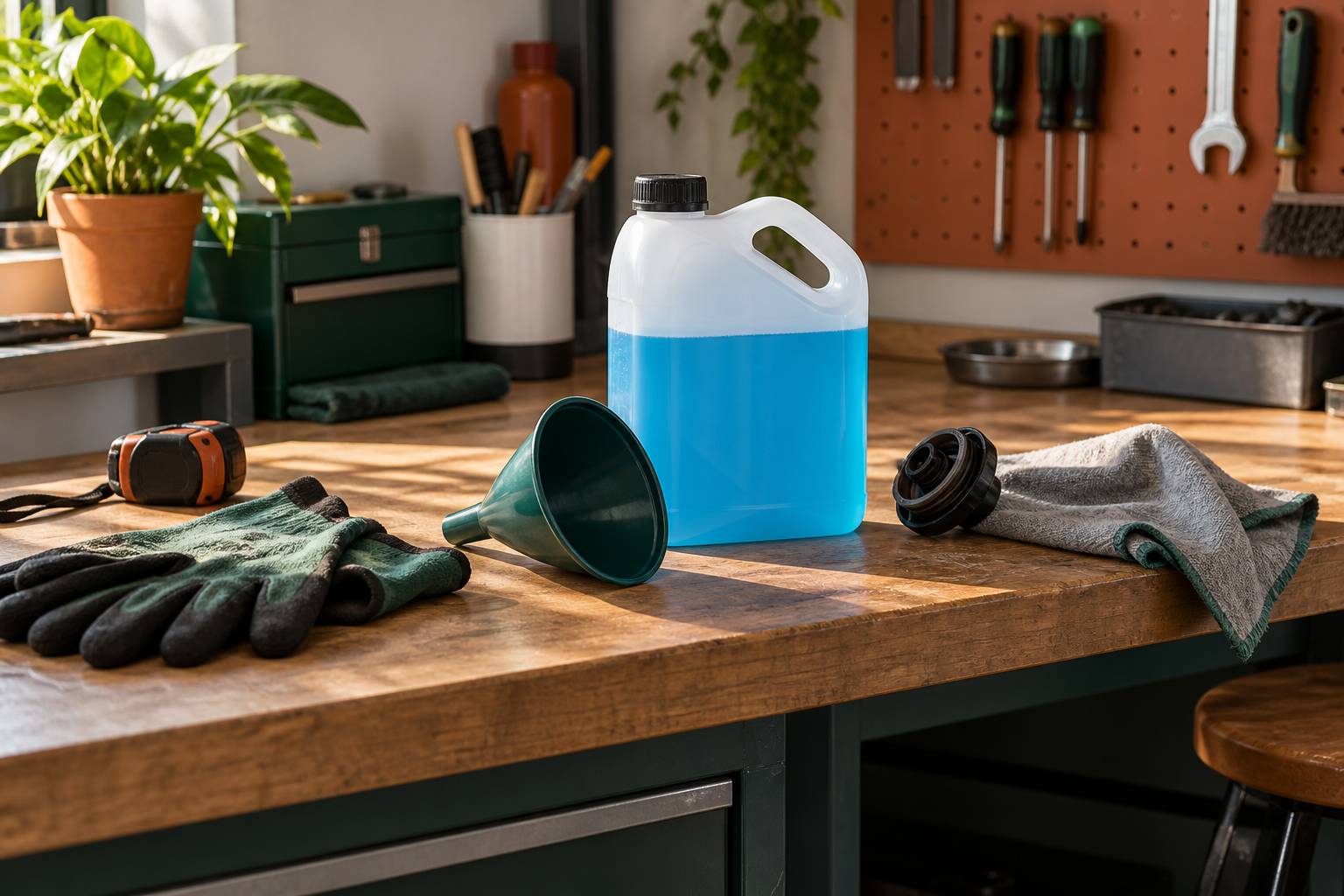 Bidon de liquide pour moteur diesel et entonnoir en atelier