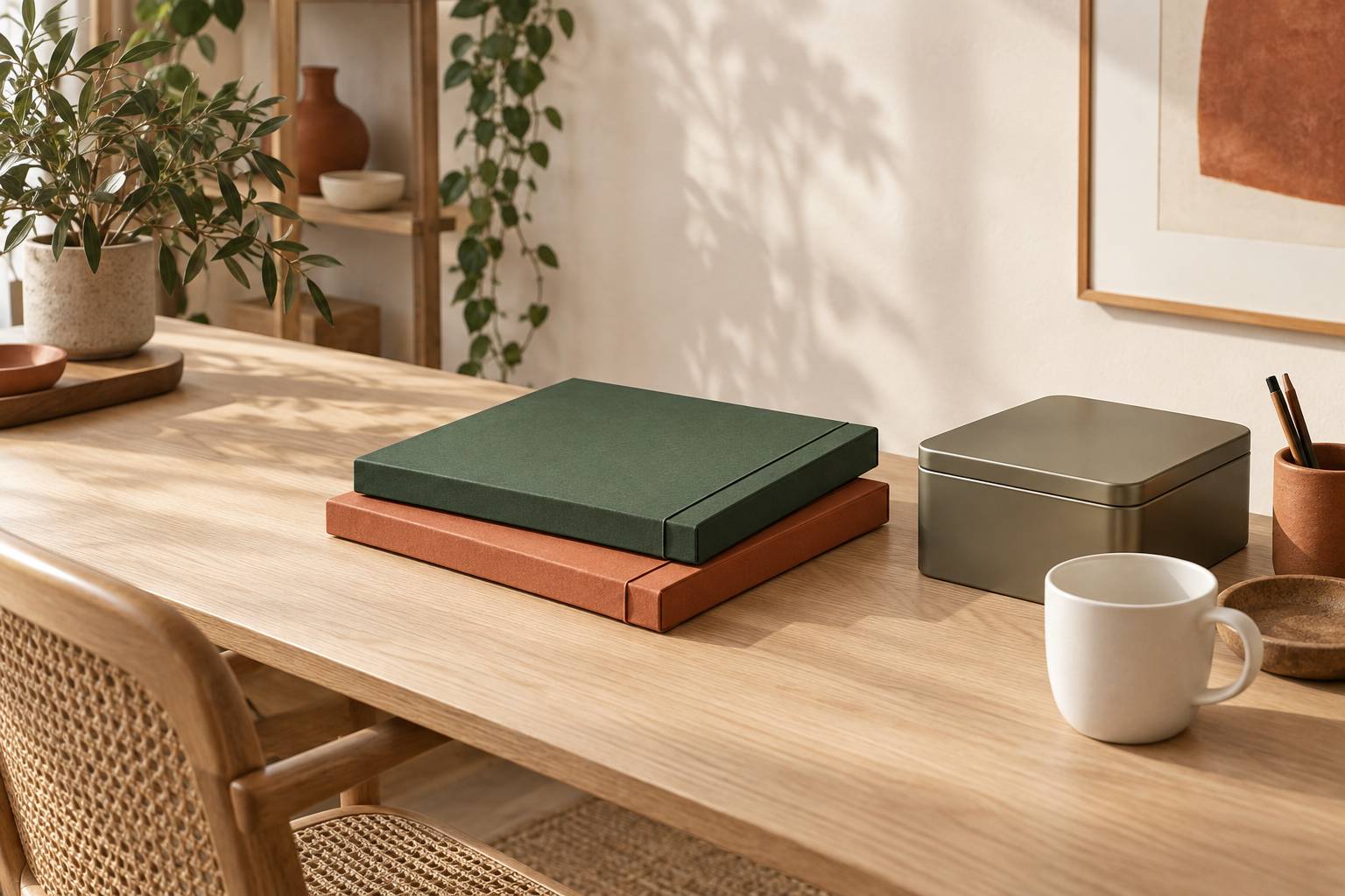 Bureau rangé avec chemises cartonnées fermées, boîte métallique mate et tasse blanche
