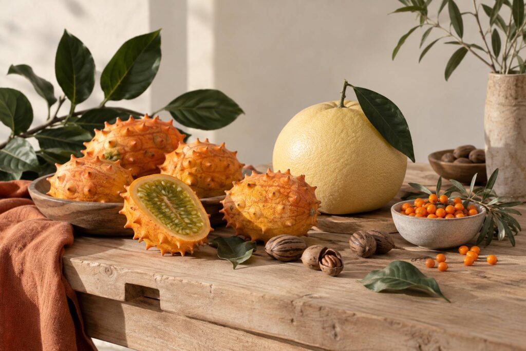Étal de fruits exotiques avec melon cornu, agrume hassaku et baies d'argousier