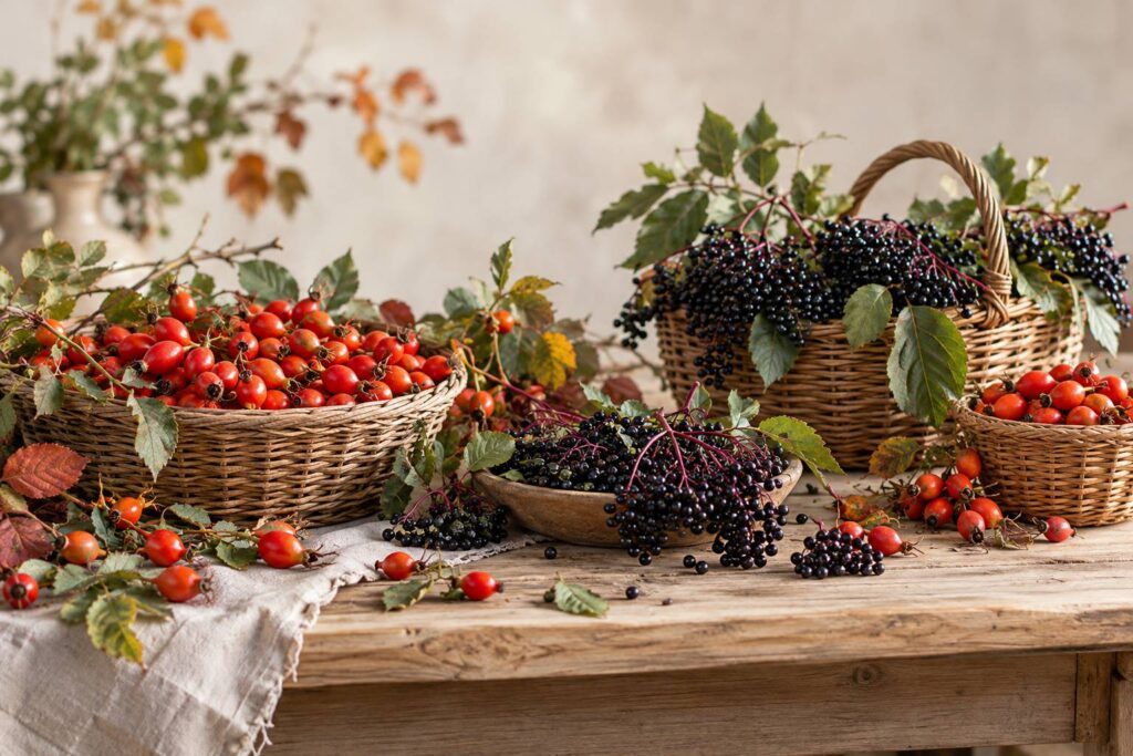 Étal de fruits avec baies d'églantier et de sureau dans des paniers en bois