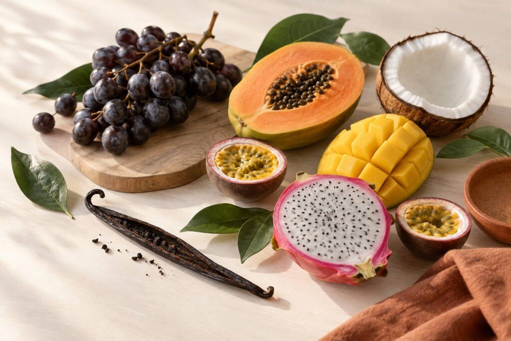 Gousse de vanille, raisin noir et fruits exotiques coupes sur un plan de travail clair