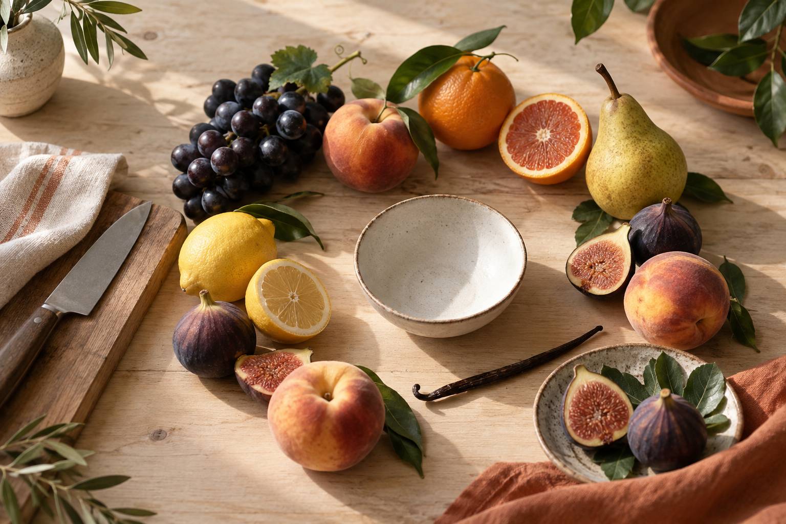 Fruits frais disposes en cercle avec gousse de vanille sur une table en bois clair